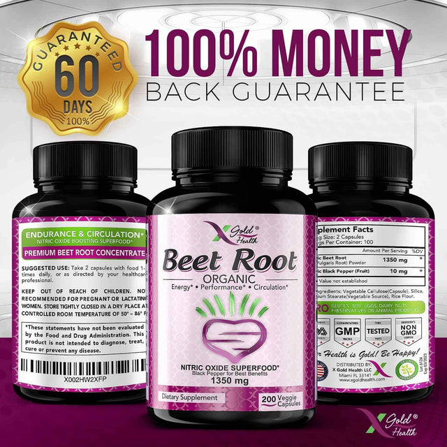 Organic Beet Root Powder 1350Mg 200 Veggie Caps Superfood Nitric Oxide Strongest Premium Supplement Natural Nitrates W/Black Pepper for Best Benefits - Vegan, Non-Gmo, & Gluten-Free Made in USA