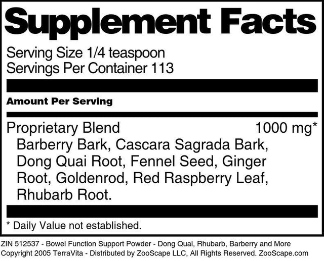 Terravita Bowel Function Support Powder - Dong Quai, Rhubarb, Barberry and More, (4 Oz, 1-Pack, Zin: 512537)