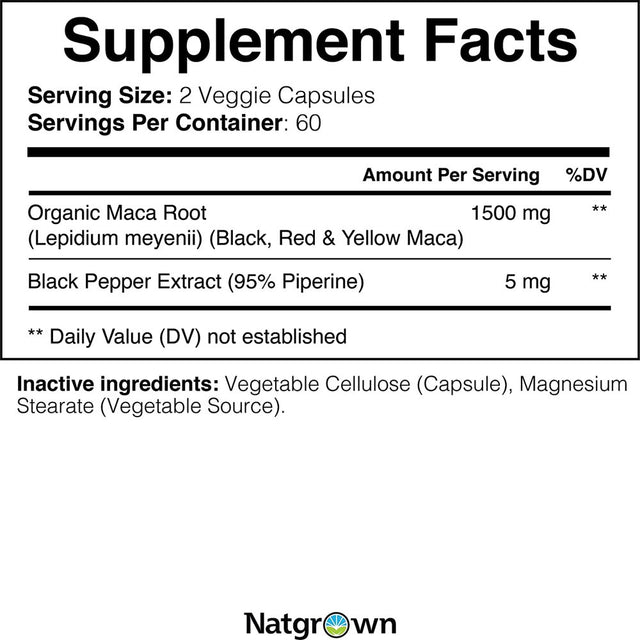 Natgrown Maca Root Powder Capsules 1500Mg Black Red Yellow Maca, Vegan Pills - 120 Ct