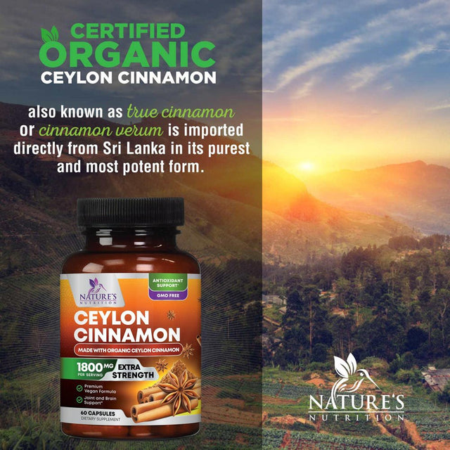 Pure Cinnamon Capsules, Certified Organic Ceylon Cinnamon Pills, Non-Gmo, Gluten-Free, Dairy-Free, Sri Lanka Cinnamon Powder Supplement, Best Vegan True Cinnamomum Vitamins, Sugar Free - 60 Capsules