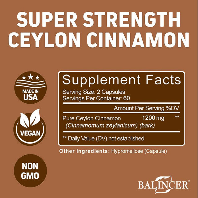 Balincer Natural Ceylon Cinnamon 1200Mg - 60/120 Capsules, True Cinnamon from Sri Lanka, Extract Supplement Pills Promotes Heart Health-120Capsules