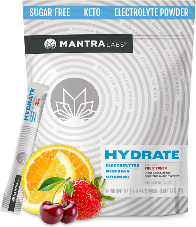 MANTRA Labs Hydrate Hydration Powder Packets | Zero Sugar Hydration Packets & Sugar Free Keto Electrolytes Powder Packets | Vitamins & Minerals for Workout Support | Vegan | Fruit Punch 15 Ct