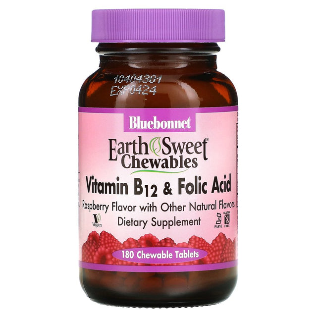 Bluebonnet Nutrition Earthsweet Chewables, Vitamin B-12 & Folic Acid, Raspberry , 180 Chewable Tablets