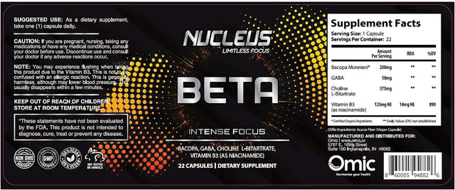 Nucleus Beta | Supplement for Optimal Function, Memory and Focus with Bacopa Monnieri, GABA, Choline L-Bitartrate & Vitamin B3 (As Niacinamide)