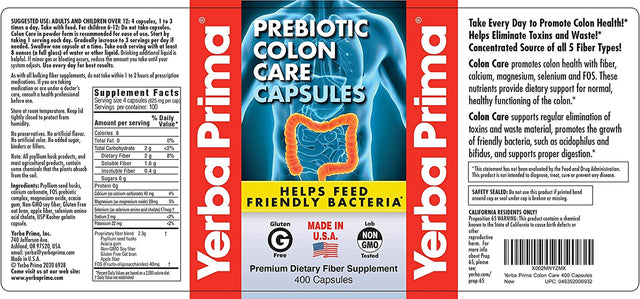 Yerba Prima Prebiotic Colon Care Capsules, 400 Caps - Five Forms of Fiber plus FOS Pre-Biotics - Dietary Health Supplement - Healthy Soluble & Insoluble Fibers for Regularity & Digestive Support