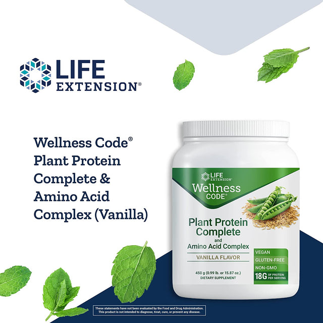 Life Extension Wellness Code Organic Plant Protein Complete & Amino Acid Complex - Vanilla Plant Based Pea Vegan Protein Powder Fitness Supplements- Gluten-Free, Non-Gmo - 450 Grams (30 Servings)