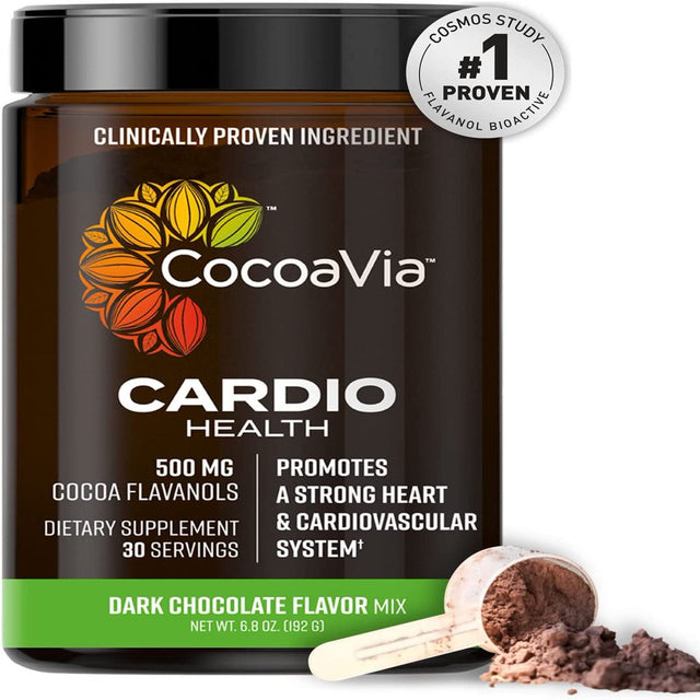 Cocoavia Cardio Health Cocoa Powder, 30 Servings, 500Mg Cocoa Flavanols, Heart Health, Blood Pressure, Boost Nitric Oxide, Improve Circulation, Energy, Preworkout, Vegan, Dark Chocolate Cacao