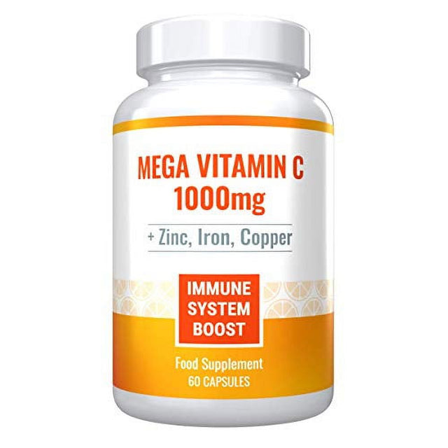 Mega Vitamin C 1000Mg plus Zinc, Iron and Copper. Powerful Immune System Boost. Sugar-Free, Gluten-Free. 60 Capsules - 1 Month Supply.