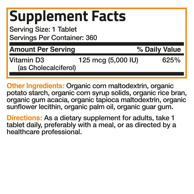 Bronson Vitamin D3 5000 IU Bone Health and Immune Support, USDA Certified Organic, Non-Gmo Gluten Free, 360 Tablets