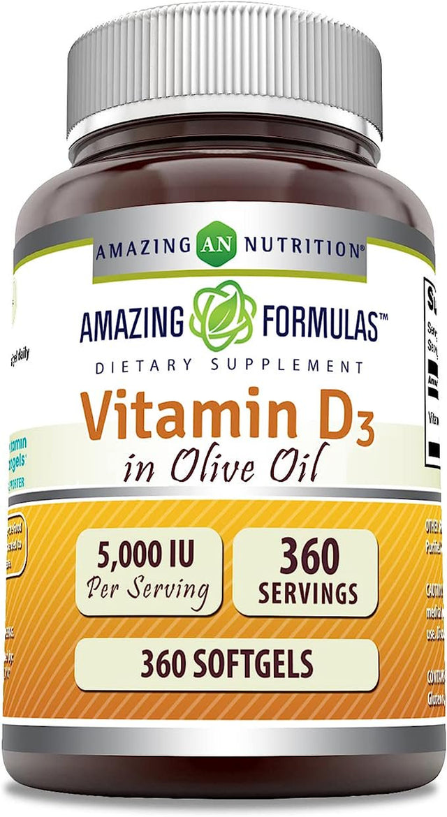 Amazing Formulas Vitamin D3 in Olive Oil 5000 IU 360 Softgels Supplement | Non-Gmo | Gluten Free | Made in USA