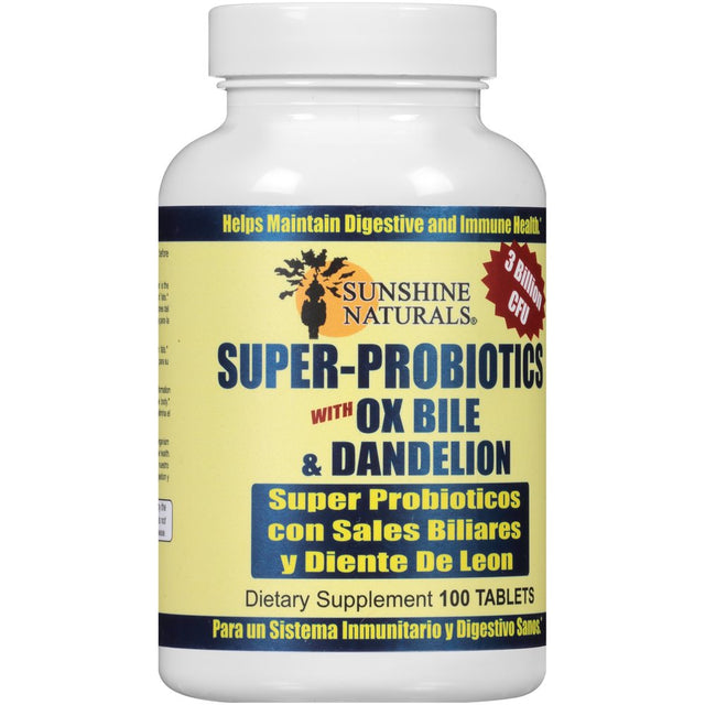 Sunshine Naturals Super Probiotics for Women and Men with Ox Bile & Dandelion, Digestive Enzymes Dietary Supplement - 100 Tablets