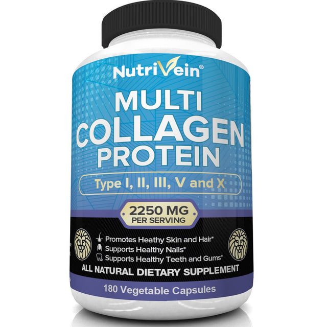 Nutrivein Multi Collagen Pills 2250Mg - 180 Capsules - Healthy Joints, Hair, Skin, Nails