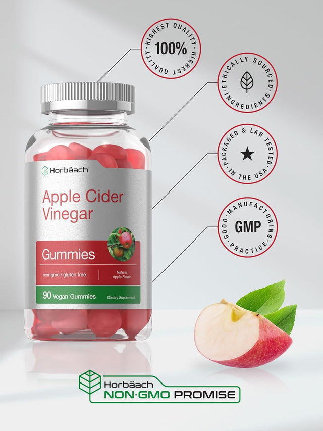 Vegan Apple Cider Vinegar Gummies | 90 Count | ACV Supplement | Natural Apple Flavor | Non-Gmo, Gluten Free Gummies for Adults | by Horbaach