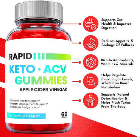 (3 Pack) Rapid Keto ACV Gummies - Supplement for Weight Loss - Energy & Focus Boosting Dietary Supplements for Weight Management & Metabolism - Fat Burn - 180 Gummies