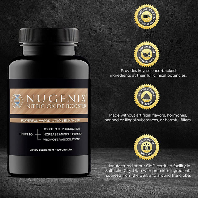 Nugenix Nitric Oxide Booster Supplement - Nitric Oxide Flow, L-Arginine, L-Citrulline, Pine Bark Extract - Vasodilator - 100 Capsules