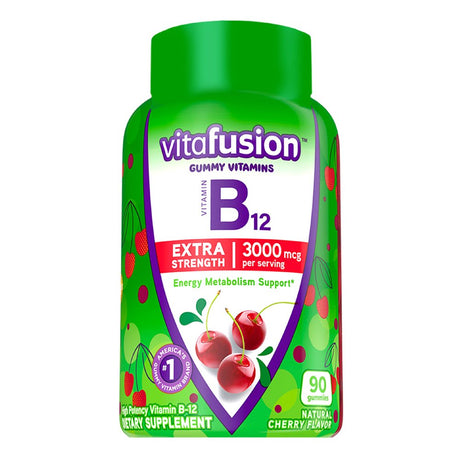 Vitafusion Extra Strength Vitamin B12 Gummy Vitamins for Energy Metabolism Support and Nervous System Health Support, Cherry Flavored, America’S Number 1 Gummy Vitamin Brand, 45 Day Supply, 90 Count