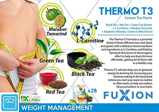 Fuxion Thermo T3-Fat Burner Instant Tea Drink Mix to Generate Energy & Increase Stamina-Thermogenic Effect before Excercise or after Meals,28 Stick W. Bonus 3 Sachets of Omnite Keto MCT