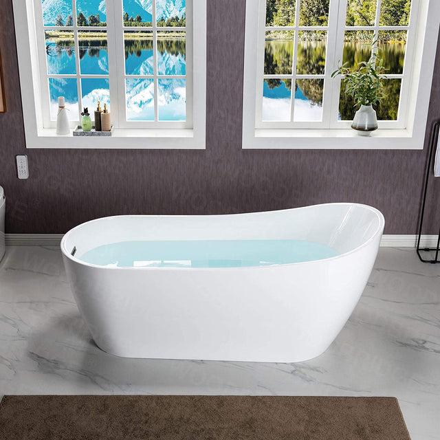 WOODBRIDGE 67"Freestanding White Acylic Soaking Bathtub with White Pillow,Drain and Overflow in Matte Black,Bta1508 -Mb-Drain &O+ Pillow