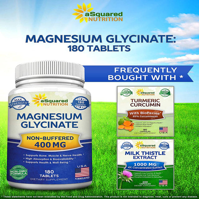 Magnesium Glycinate 400Mg - 180 Tablets - Max Strength Magnesium Bisglycinate Chelate Supplement - Maximum Bioavailability & Absorption - Non-Gmo - Supports Muscles, Bones & Heart