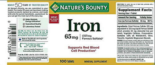 Nature'S Bounty Mineral Supplement Iron Tablets, 65 Mg, 100 Ct