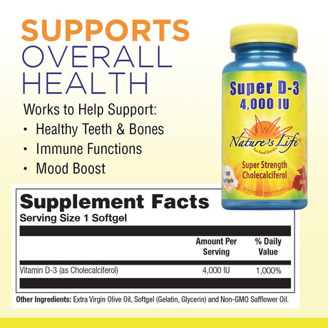 Nature'S Life Super D-3 4000 IU | High Potency Vitamin D Supplement | May Support Healthy Bones, Teeth & Immune System | 100 Softgels