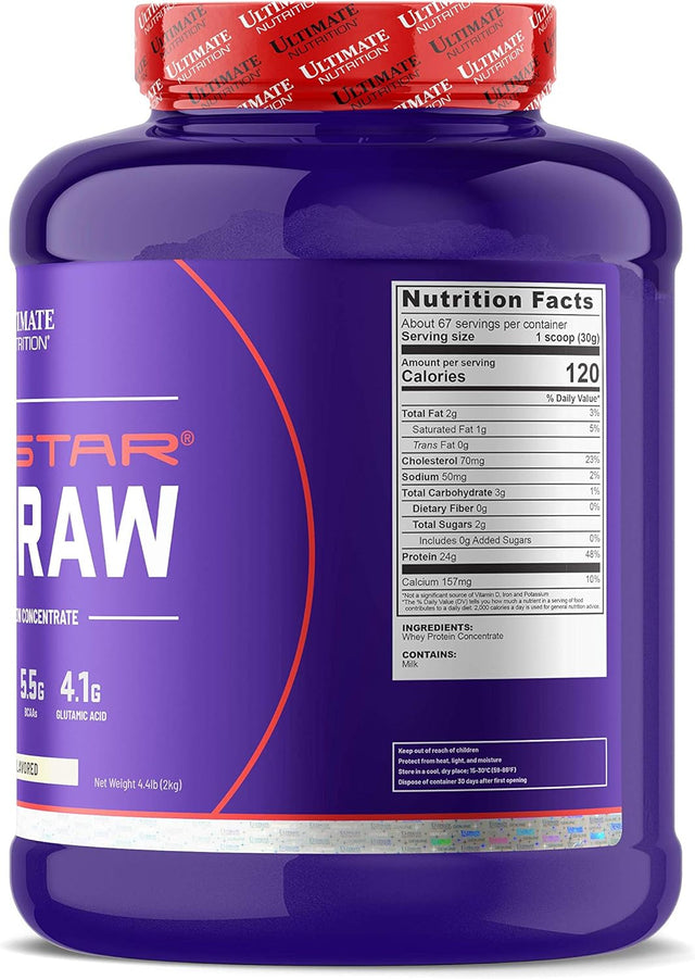 Ultimate Nutrition Prostar Raw Whey Protein Concentrate Powder, Low Carb, Low Fat, Keto Friendly, 24 Grams of Protein per Serving with 5.5 Grams of Bcaas,Unflavored, 67 Servings, 4.4 Pounds