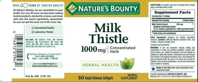 Nature'S Bounty Milk Thistle 1000Mg Softgels 50 Ea (Pack of 4)