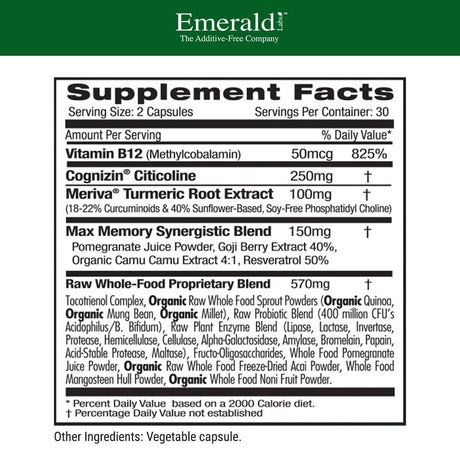 Emerald Labs Memory Health with Cognizin Citicoline and Meriva Phytosome to Support Brain Health and Concentration, Supports Mental Clarity, Focus, Mood - 60 Vegetable Capsules