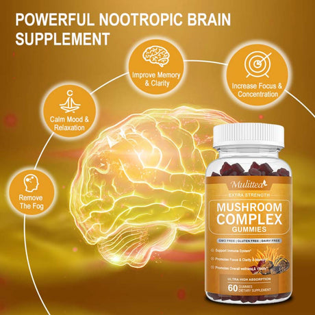 Mulittea Mushroom Complex Gummies 2500Mg Nootropic Brain Supplement Supports Brain Health, Focus, Memory 60 Count