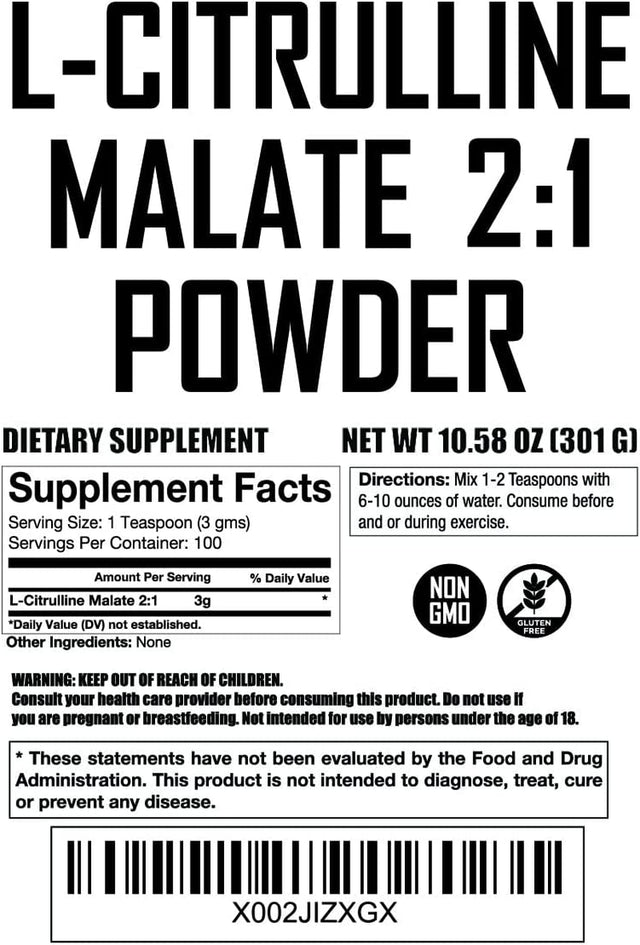 L Citrulline Malate 2 1 Powder 300 Grams - Bulk L Citrulline Powder - Free Form Amino Acid Pre Workout Supplement - Raw and Pure with No Additives by Fit Lane Nutrition.