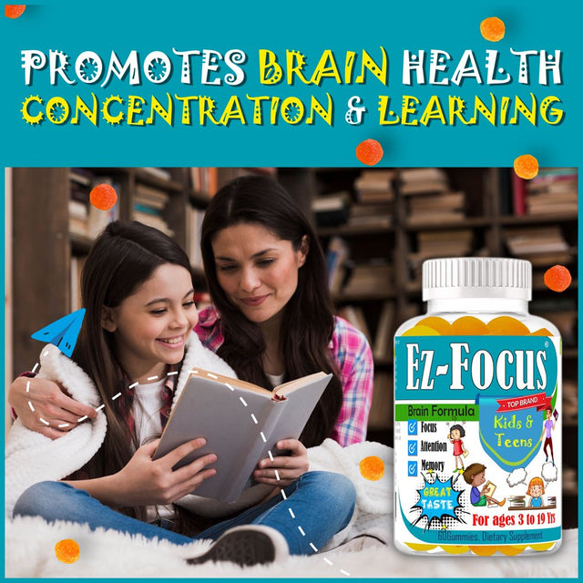 Ez-Focus Kids Brain Focus Chewable Gummies Supplements, Attention & Memory Help Formula for Children and Teens, Natural Omega DHA, Study Task Support