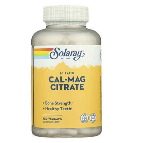 Solaray Calcium Magnesium Citrate 1:1 Ratio, Healthy Bones, Teeth, Muscle & Nervous System Support, 30 Serv, 180 Vegcaps