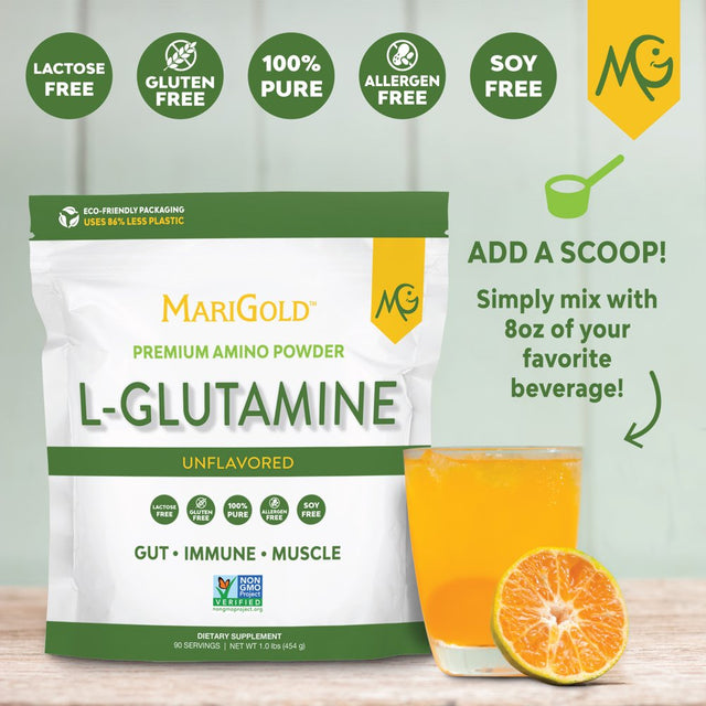 Marigold L-Glutamine Powder Unflavored - Gut, Immune, & Muscle Support, Non-Gmo, Allergen-Free