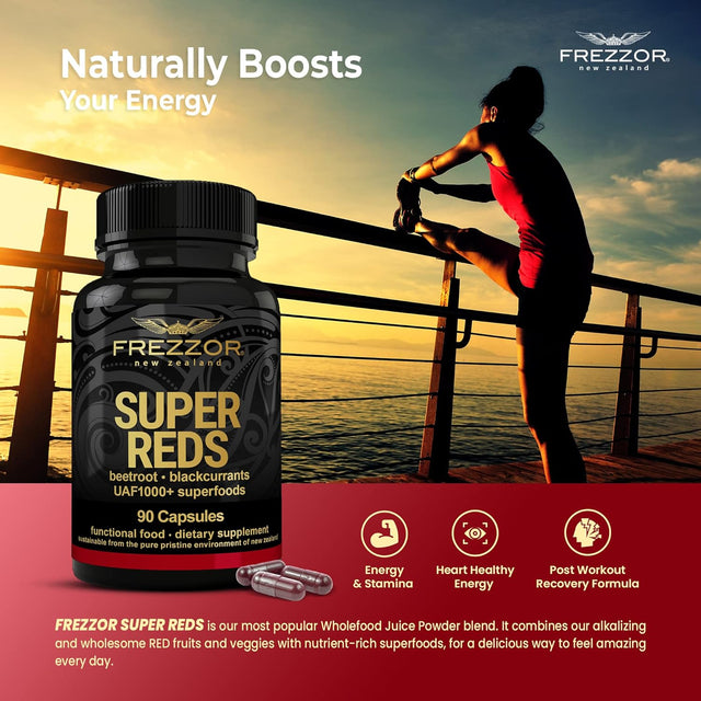 FREZZOR Super Reds Capsules with UAF1000+, All-Natural New Zealand Red Superfood Energy, Essential Red Fruits Veggies& Beets, Antioxidants, Enzymes, Energy Supplements, 540 Capsules, 6 Bottles