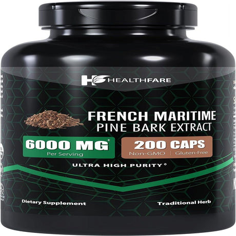 Healthfare French Maritime Pine Bark Extract Organic | 6000 Mg | 200 Capsules | Standardized to Contain 95% Proanthocyanidins | Non-Gmo Gluten Free | Ultra High Purity Max Potency Extract Formula