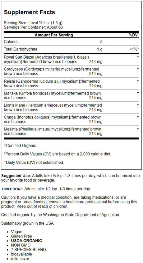 Host Defense, Stamets 7 Mushroom Powder, Daily Immune Support, Certified Organic Supplement, 3.5 Oz (66 Servings)