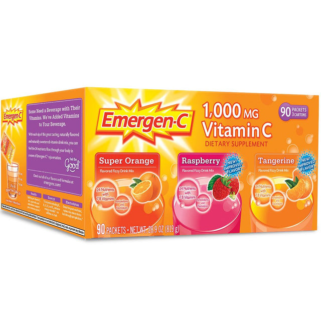 Emergen-C Variety Pack Dietary Supplement Drink Mix with 1000Mg Vitamin C, 3 Flavors (90 Ct., 32 Oz. Pks.)