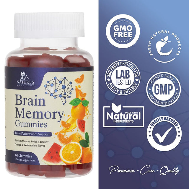 Brain Supplement Gummy for Memory, Focus & Concentration Support Gummies plus Nootropics, Phosphatidylserine & Vitamins B6 & B12 - Nature'S Caffeine Free Nootropic for Brain Health - 60 Gummies