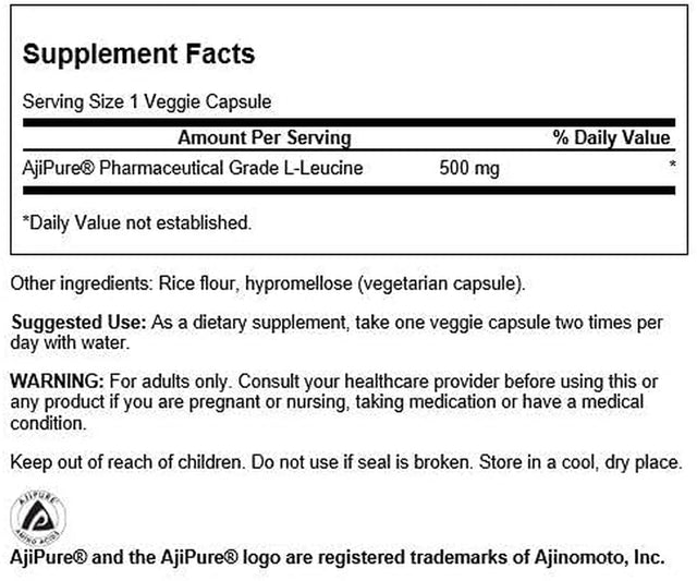 Swanson Amino Acid Ajipure L-Leucine Pharmaceutical Grade 500 Milligrams 60 Veg Capsules (2 Pack)