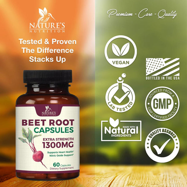 Beet Root Capsules - 1300Mg Extra Strength, Natural Beetroot Powder Extract - Nitric Oxide Supports Heart Health, Endurance & Energy - Vegan Herbal Extract Supplement - Nongmo - 60 Capsules