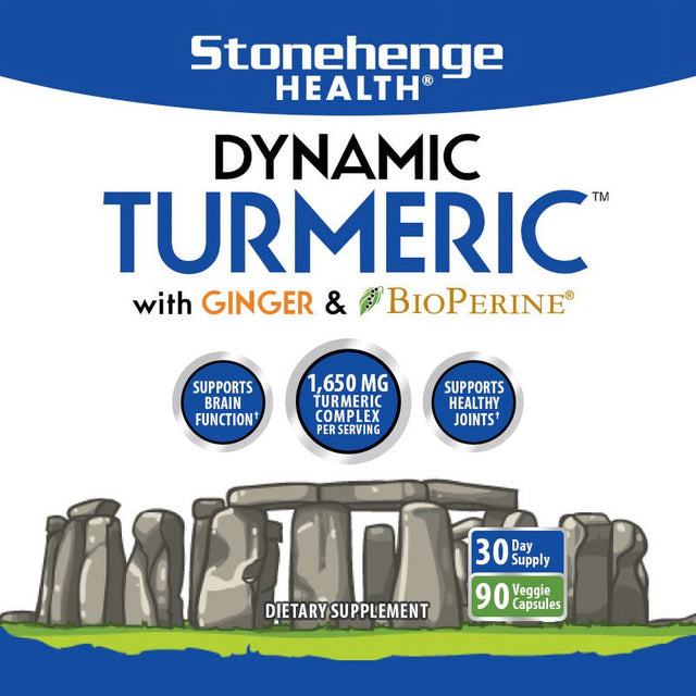 Stonehenge Health Dynamic Turmeric Curcumin Ginger Highest Potency Available. 1,650 Mg Turmeric with 95% Curcuminoids & Bioperine®. Supports Joint Health, 90 Vegetarian Capsules (1 Pack)