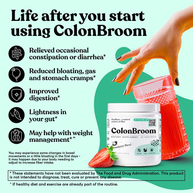 Colonbroom Psyllium Husk Powder Colon Cleanser - Fiber Supplement, Strawberry Flavor, 40 Servings