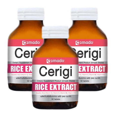 Set 3 Bottles.Amado Cerigi Rice Extract (30 Tablets X 1 Bottle) Smooth, Clear, without Acne, Freckles, Dark Spots, Rejuvenation