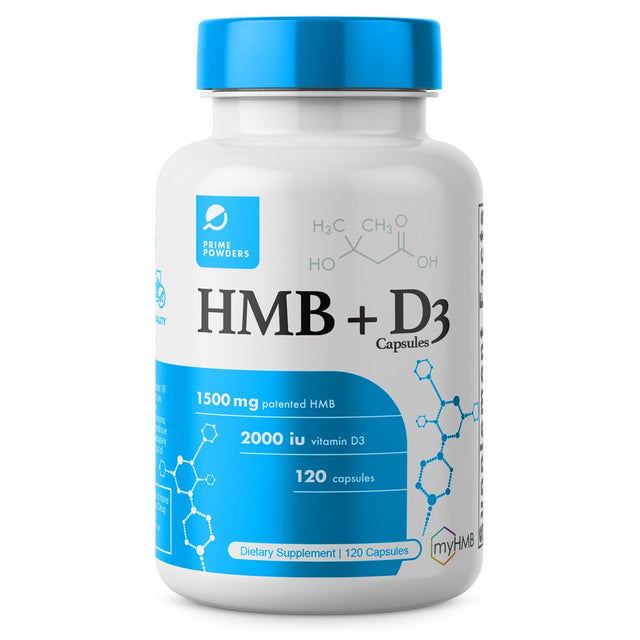 Prime Powders HMB and Vitamin D3 Supplement, 1,500Mg Patented Formula with Clinical Dose, Preserve Lean Muscle with Ageless Performance, Beta-Hydroxy Beta-Methylbutyrate Capsules, 120 Count