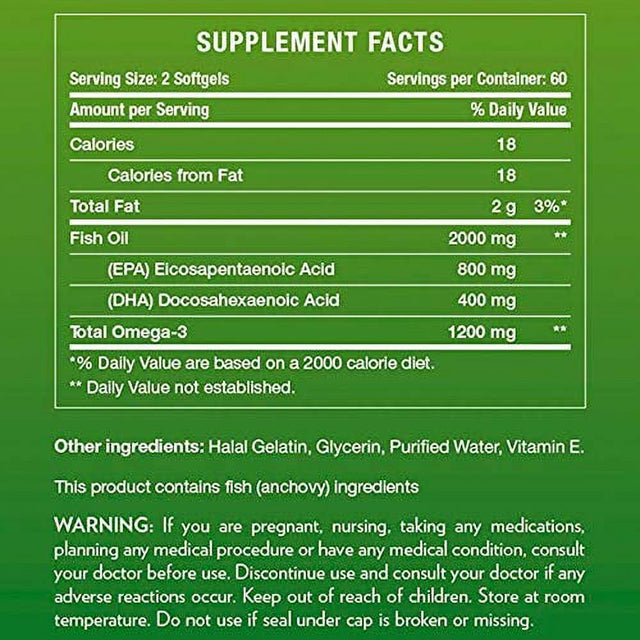 Noorvitamins Ultra Omega-3 Wild Peruvian Fish Oil (2000Mg/Serving) W/ 800Mg EPA & 400 Mg DHA | Heart, Brain & Joint Support | Non-Gmo & Gluten Free | Halal Vitamins (120 Count – 2 Month Supply)