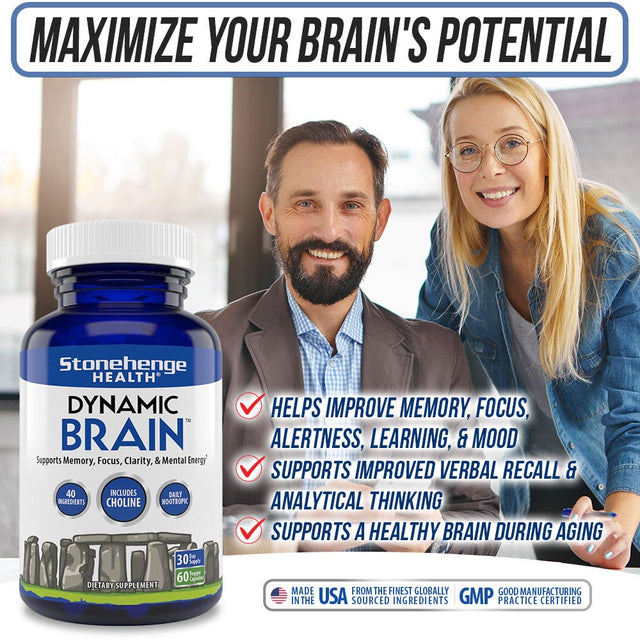 Stonehenge Health Dynamic Brain Supplement Memory, Focus, & Clarity Formulated with 40 Unique Nootropic Ingredients: Choline, Phosphatidylserine, Bacopa Monnieri, and Huperzine A