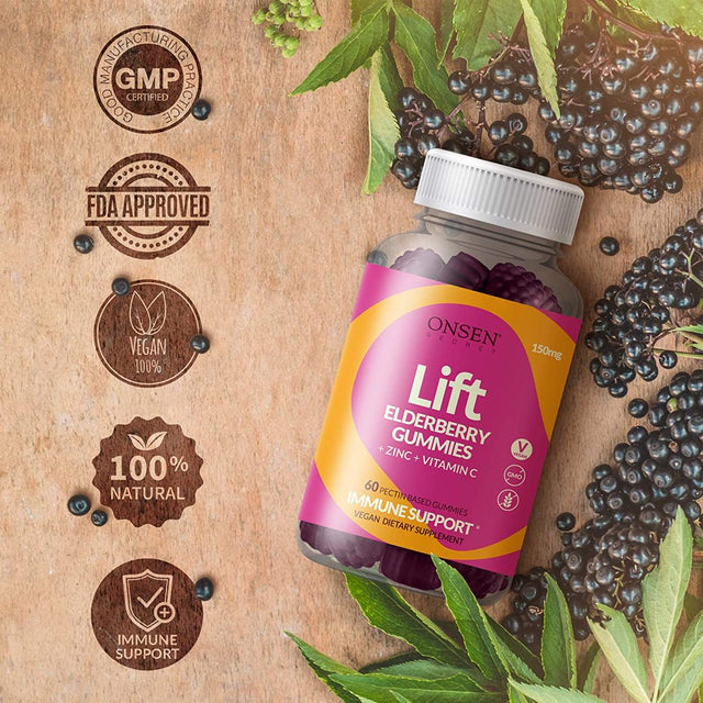 Onsen Lift Elderberry Gummies 150Mg - Complete Elderberry Immune Support with Vitamin C & Zinc, Daily Immunity Boost with Antioxidants, Plant-Based No Gelatin for Easier Absorption, 60 Gummies