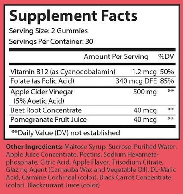 Apple Cider Vinegar Gummies with the Mother Vegan – Weight Loss, Detox, Immune Support, Skin, Hair and Nails – Men & Women – with Vitamin B12 & Folate – 60 ACV Gummy Vitamins