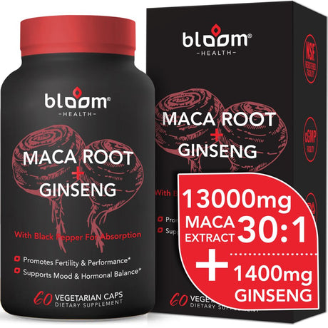 Bloom Health Maca Root + Ginseng Supplement 11400Mg High - Potency 60CT