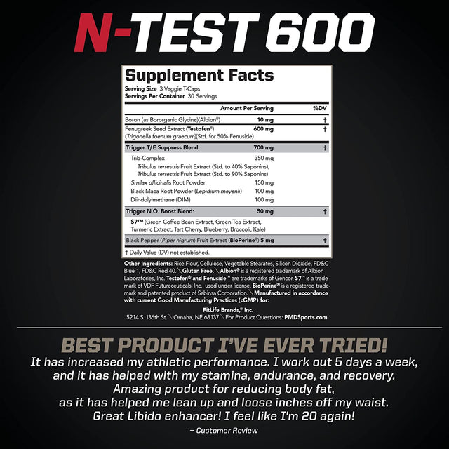 PMD Sports N-Test 600 Advanced Nitric Oxide Booster for Men - with Clinically Studied Testofen - Lean Muscle and Strength Gains with Estrogen Suppression (90 Veggie -Caps)